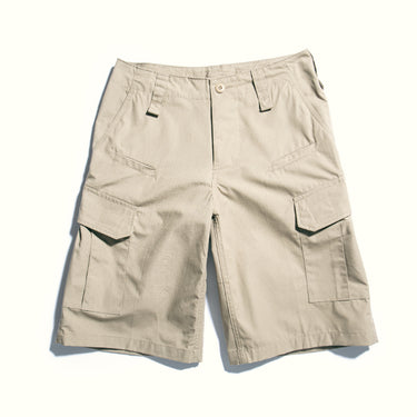 Khaki cotton ripstop cargo shorts with side pockets and belt loops