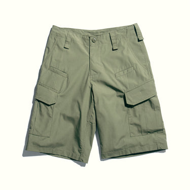 Olive green cargo shorts with belt loops, button front, and side flap pockets.