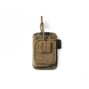 Universal hook-back pistol holster in tan fabric with front hook-and-loop panel.