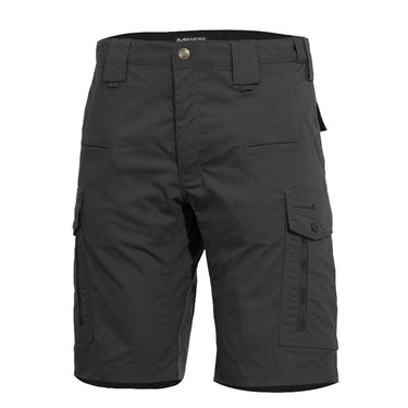 Black tactical cargo shorts with belt loops, button waist, and side leg pocket