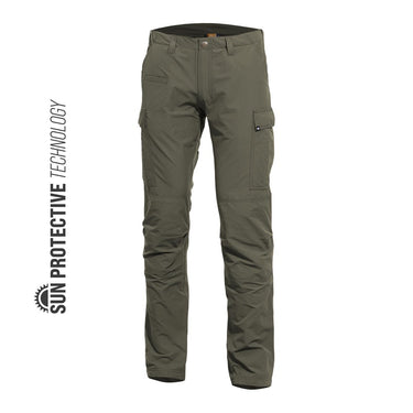 Olive BDU tropic pants with cargo side pockets and Sun Protection logo