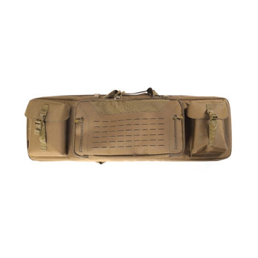 Double rifle bag in brown with padded central panel and side compartments with webbing tabs