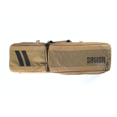 Khaki LRP rifle bag with two-panel design, black stripe, and zippered storage compartment