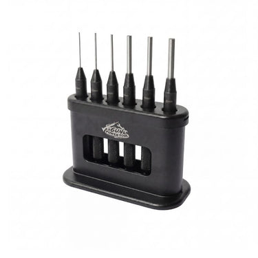 Pin punch set in black holder with six metal pin punches