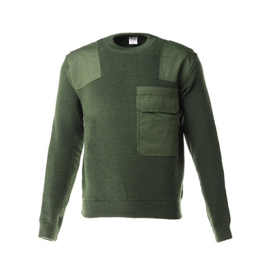 Olive knit police-style jumper with chest patch pocket and shoulder panels