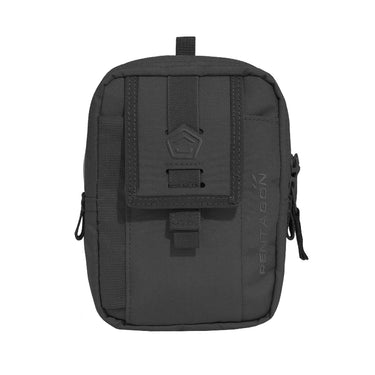 Small black admin pouch with front strap pocket and top webbing handle