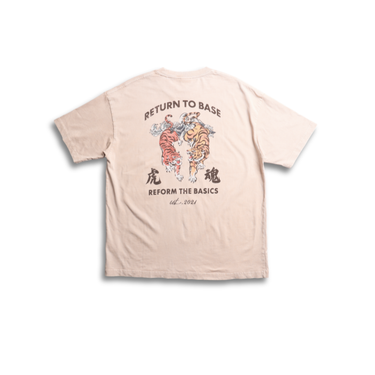 Ivory T-shirt with large back tiger graphic and “Reform the Basics” text