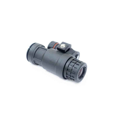 Black digital night vision monocular with cylindrical body and front lens