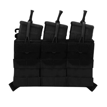 Black triple magazine pouch with three open magazine compartments and straps