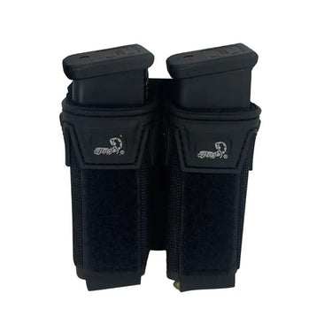 Double pistol magazine pouch, black textured fabric with two open top magazine sleeves