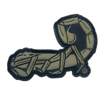 Scorpion patch with dark navy backing and tan scorpion graphic, stitched edge
