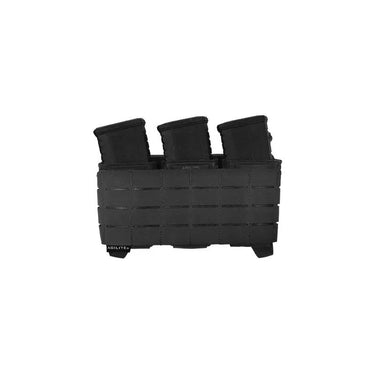 Black MOLLE placard with three vertical pouches and webbing rows