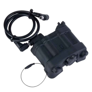 Black external battery pack with attached cable and DC plug connector