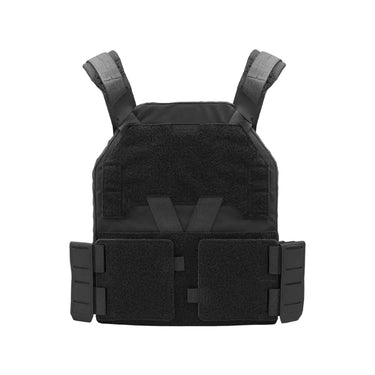 Black plate carrier with front MOLLE panel and two side magazine pouches
