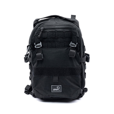 Black assault pack with front MOLLE panel, zip pocket, and shoulder straps