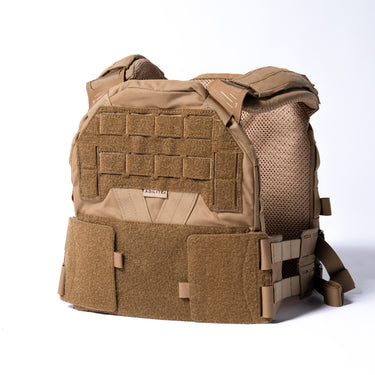Coyote brown plate carrier with front flap and textured mesh backing