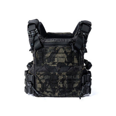 Dark patterned plate carrier vest with front MOLLE webbing and black straps.