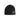 Black knit beanie cap with small gray logo patch at side