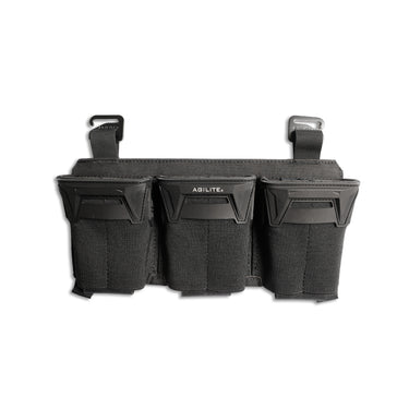 Triple magazine pouch in black with three front magazine pouches and attachment straps