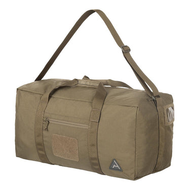 Khaki deployment bag with front patch panel and triangular logo emblem