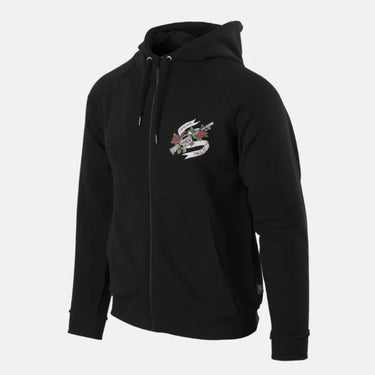 Black full-zip hoodie with hood, drawstrings, front zipper, and chest graphic