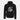 Black hoodie with hood, front pocket, and chest graphic