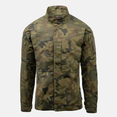 Camouflage field shirt front with button closure and chest utility pockets