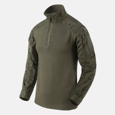 Combat shirt with hood, olive front, textured camo sleeves, quarter-zip