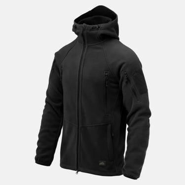 Black hybrid fleece jacket with full zip, hood, and flap chest pocket