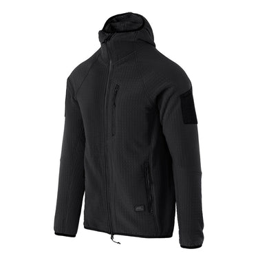 Black hooded full-zip fleece jacket with stand collar and front zip pockets