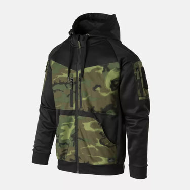 Hooded full-zip hoodie, black with green camouflage panel on the front and arm
