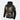 Hooded full-zip hoodie, black with tan, green, and brown camouflage front and sleeves