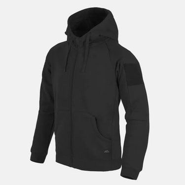 Black full-zip hoodie with drawstring hood, zip front, and two front pockets.