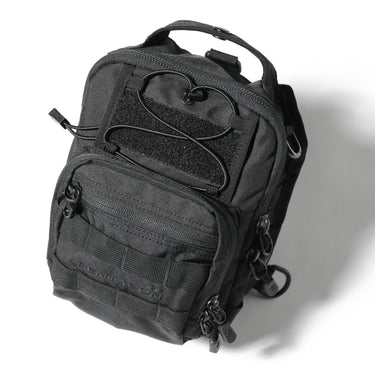Dark gray chest bag with front zip pocket and cord loop detail