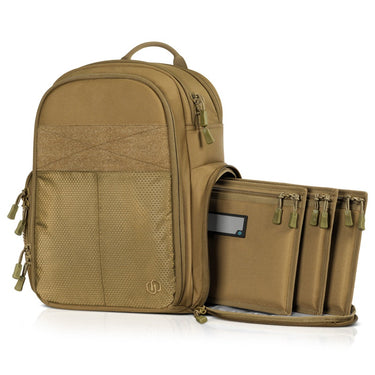 Compact pistol backpack in tan with open front pouch and zip compartments.