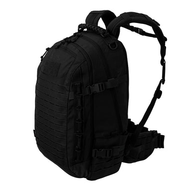 Black tactical backpack with padded straps, MOLLE webbing, and top carry handle