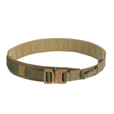 Tactical gun belt with olive webbing and tan buckle, adjustable strap