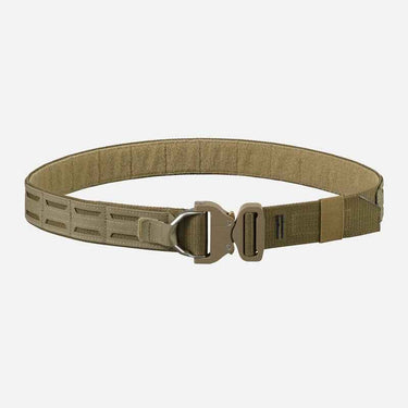 Light tan tactical belt with adjustable webbing and double-prong buckle