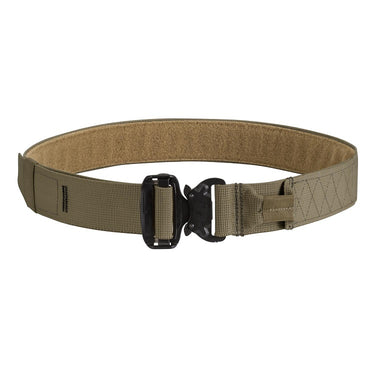 Tan tactical belt with webbing and black metal buckle and keeper