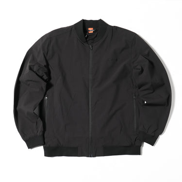 Black flight jacket with full front zipper and ribbed cuffs and hem.