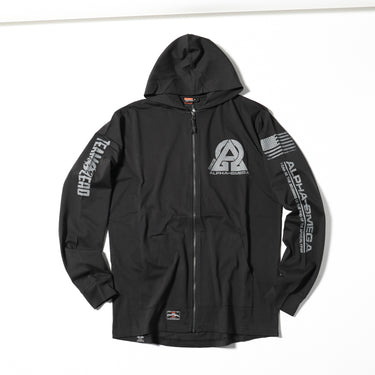 Black hooded zip jacket with chest logo and American flag stripe sleeve detail