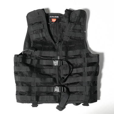 Black tactical MOLLE vest with front zipper, mesh panels, and wide webbing straps