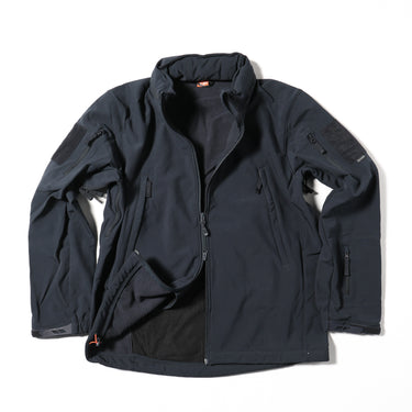 Navy softshell jacket with full-zip front, stand collar, and hood