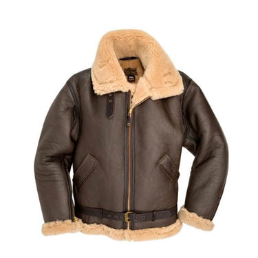 Brown leather RAF-style sheepskin bomber jacket with tan shearling collar and cuffs