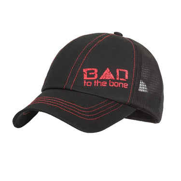 Black mesh feed cap with red BAD to the bone graphic and red stitched brim