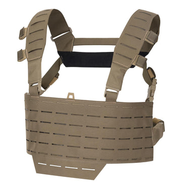 Tan tactical chest rig with adjustable shoulder straps and front MOLLE webbing