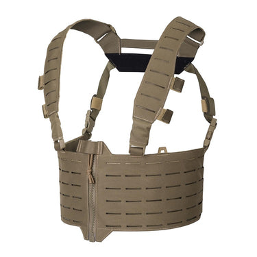 Olive-green tactical chest rig with zip-front panel and shoulder straps