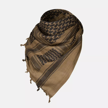 Coyote brown Shemagh scarf with black-and-tan pattern and fringed tassels