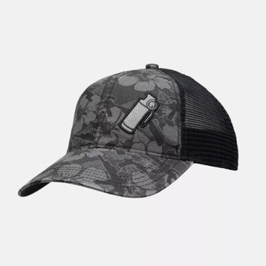 Camo trucker cap with palm print front and black mesh back, adjustable snap strap