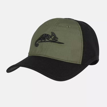 Logo cap with olive crown, black brim, embroidered logo